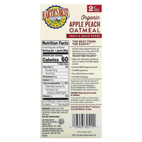 Earth's Best, Organic Fruit & Grain Puree, 6+ Months, Apple, Peach, Oatmeal, 4 Pouches, 3.5 oz (99 g) Each - Supply Center USA