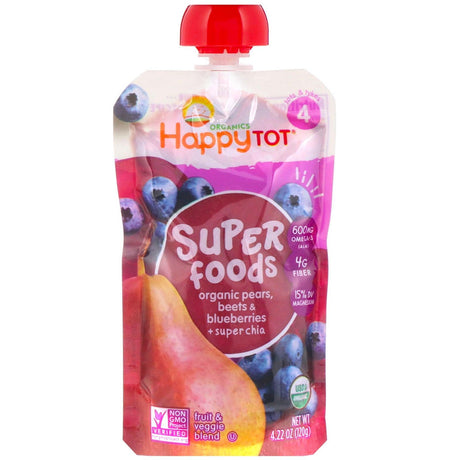 Happy Family Organics, Happy Tot, Super Foods, Stage 4, Organic Pears, Beets & Blueberries + Super Chia, 4 Pack, 4.22 oz (120 g) Each - Supply Center USA