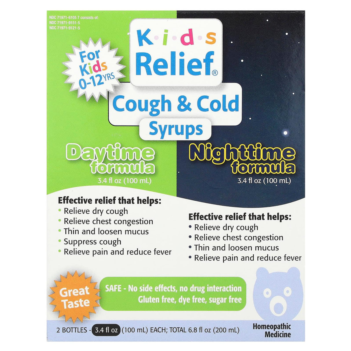 Homeolab USA, Kids Relief®, Cough & Cold Syrups, Daytime & Nighttime Formula, 0-12 Yrs, 2 Bottles, 3.4 fl oz (100 ml) Each - Supply Center USA