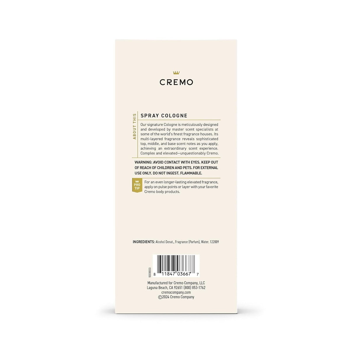 Cremo Italian Bergamot Cologne Spray, a Combination of Italian Bergamot, Neroli Blossom, and Fresh Vetiver, 3.4 Fl Oz