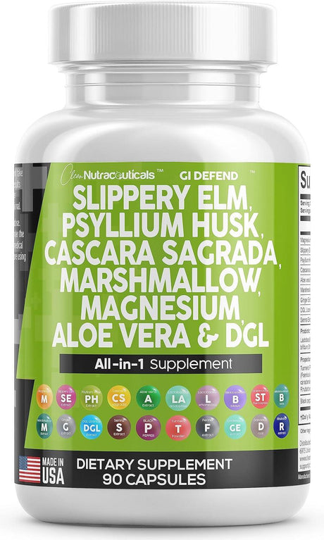 Clean Nutraceuticals Slippery Elm 5000Mg Psyllium Husk 2000Mg Pre Probiotic Digestive Gut Health Supplement with Aloe Vera Cascara Sagrada 2000Mg Marshmallow Root DGL Licorice Senna Extract - Supply Center USA