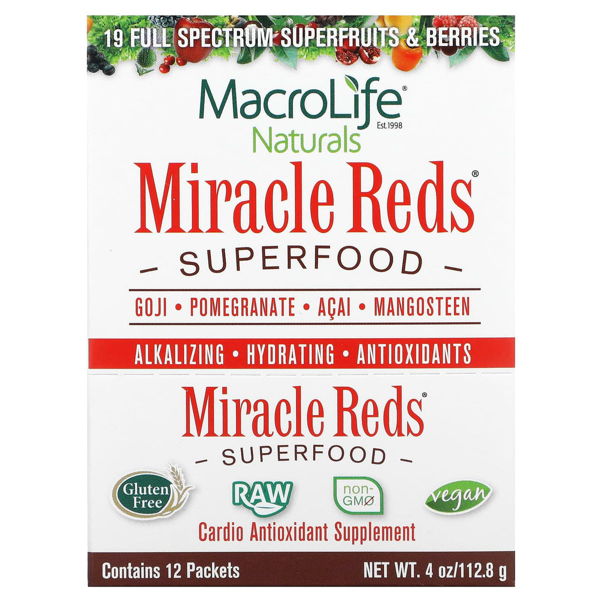 Macrolife Naturals, Miracle Reds, Superfood, Goji, Pomegranate, Acai, Mangosteen, 12 Packets, 0.3 oz (9.5 g) Each - Supply Center USA