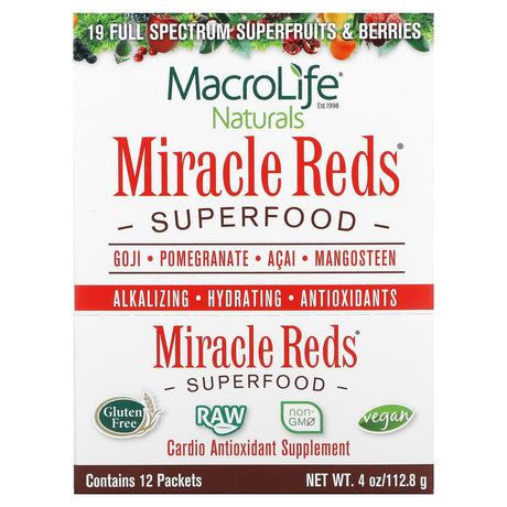 Macrolife Naturals, Miracle Reds, Superfood, Goji, Pomegranate, Acai, Mangosteen, 12 Packets, 0.3 oz (9.5 g) Each - Supply Center USA