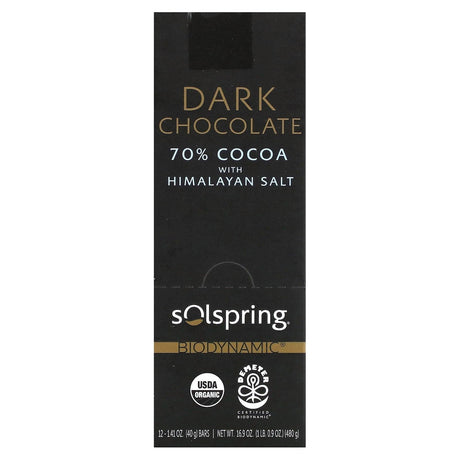 Dr. Mercola, Solspring, Biodynamic, Dark Chocolate Bar, 70% Cocoa With Himalayan Salt, 12 Bars, 1.41 oz (40 g) Each - Supply Center USA