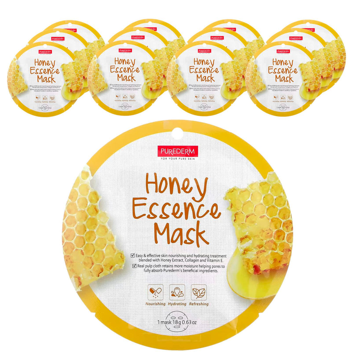 Purederm, Essence Beauty Mask, Honey, 12 Sheets, 0.63 oz (18 g) Each - Supply Center USA