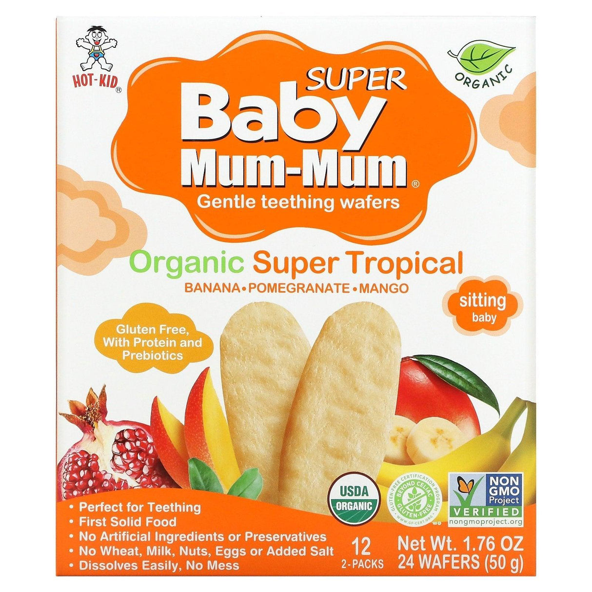 Hot Kid, Baby Mum-Mum Super, Gentle Teething Wafers, Organic Super Tropical, 12 Packs, 2 Wafers Each - Supply Center USA