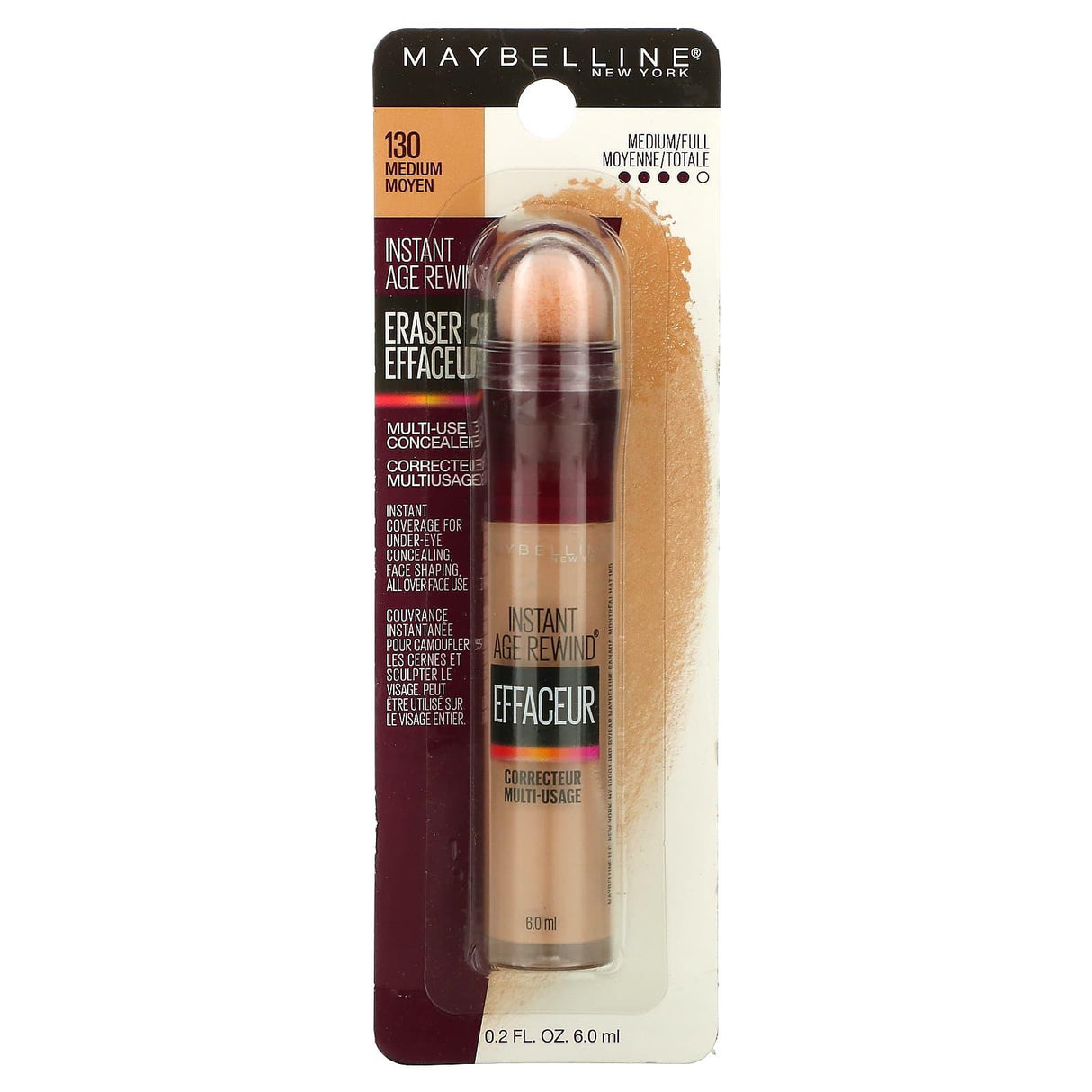 Maybelline, Instant Age Rewind, Eraser, Multi-Use Concealer, 130 Medium, 0.2 fl oz (6 ml) - Supply Center USA