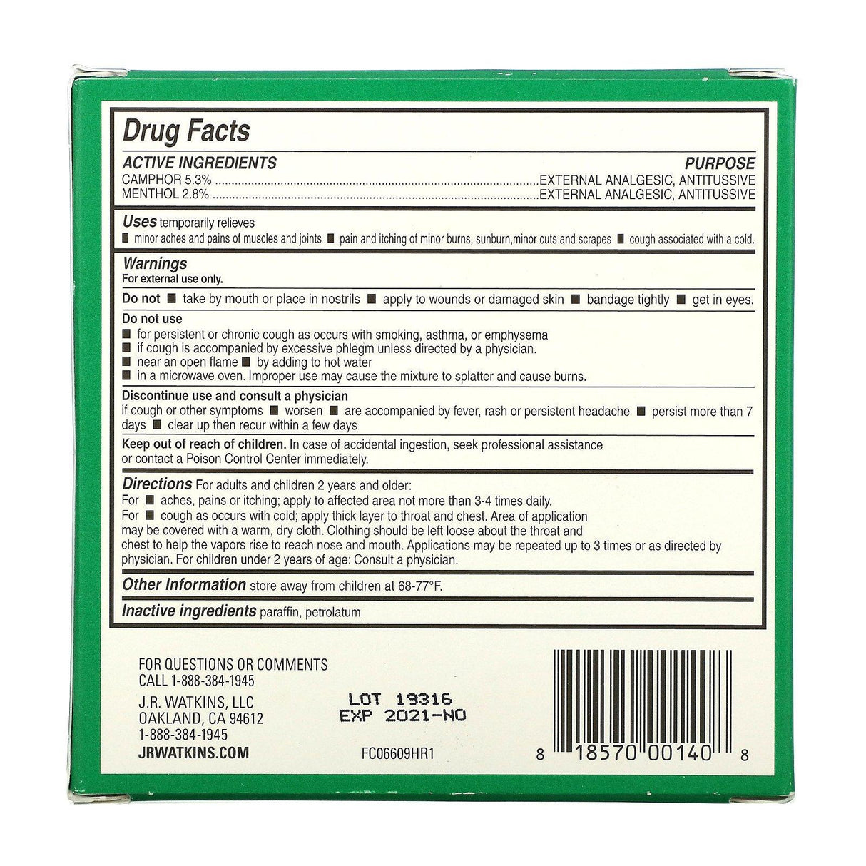 J R Watkins, Cough Suppressant Rub, Menthol Camphor, 4.12 oz (116 g) - Supply Center USA