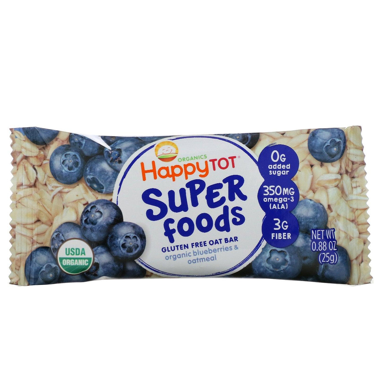 Happy Family Organics, Happy Tot, Superfoods, Gluten Free Oat Bar, Organic Blueberries & Oatmeal, 5 Bars, 0.88 oz (25 g) Each - Supply Center USA