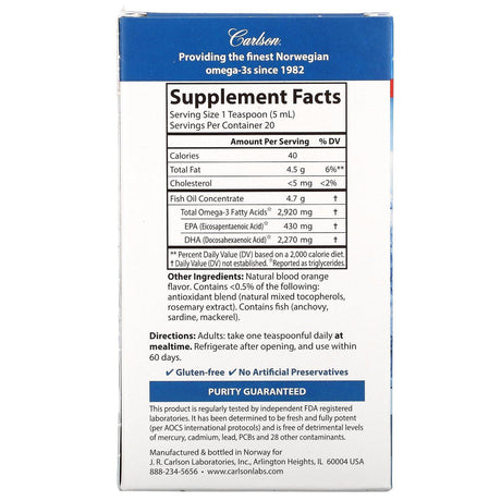 Carlson Labs, Elite DHA, Natural Orange, 2,270 mg, 3.3 fl oz (100 ml) - Supply Center USA