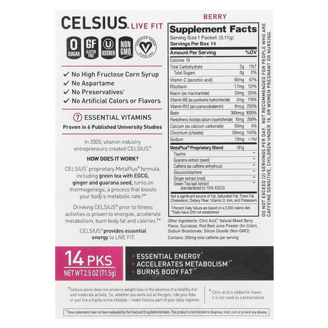 Celsius, Live Fit, Dragonfruit Lime, 14 On-The-Go Packets, 0.2 oz (5.74 g) Each - Supply Center USA