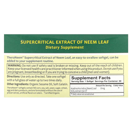 Organix South, TheraNeem Naturals, Supercritical Extract of Neem Leaf, 60 Softgels - Supply Center USA