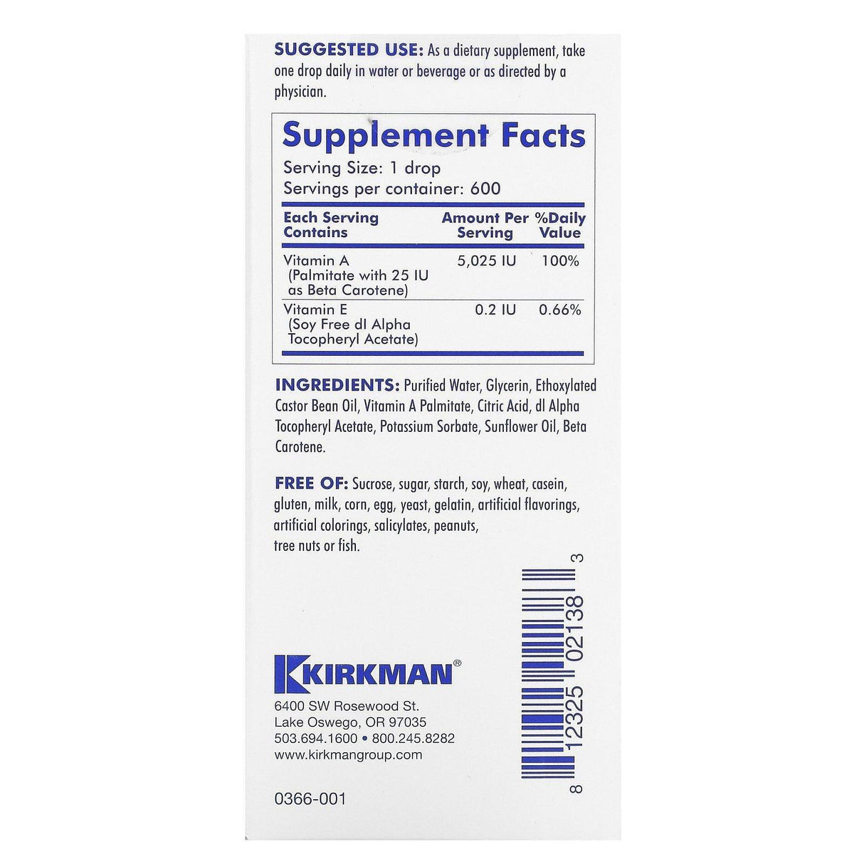 Kirkman Labs, Mycellized Vitamin A, 1 fl oz (30 ml) - Supply Center USA