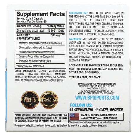 BPI Sports, A-HD Elite, 500 mg, 30 Capsules - Supply Center USA