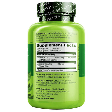 NATURELO, Vegan B12 Infused with Spirulina, 90 Easy Swallow Capsules - Supply Center USA