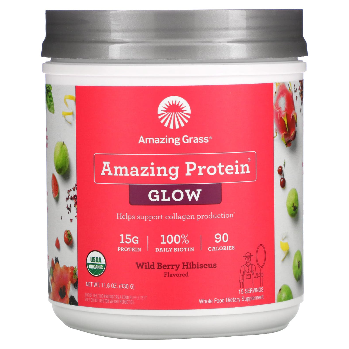 Amazing Grass, Organic Amazing Protein, Glow, Wild Berry Hibiscus, 11.6 oz (330 g)