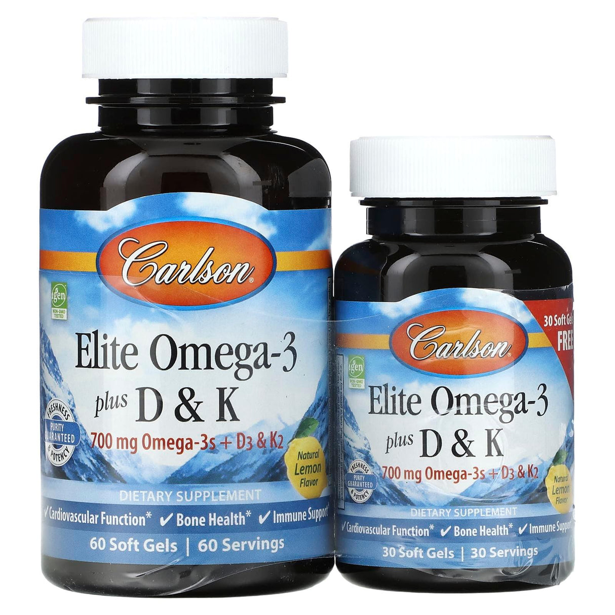 Carlson, Elite Omega-3 Plus D & K, Natural Lemon Flavor, 60 + 30 Free Soft Gels - Supply Center USA