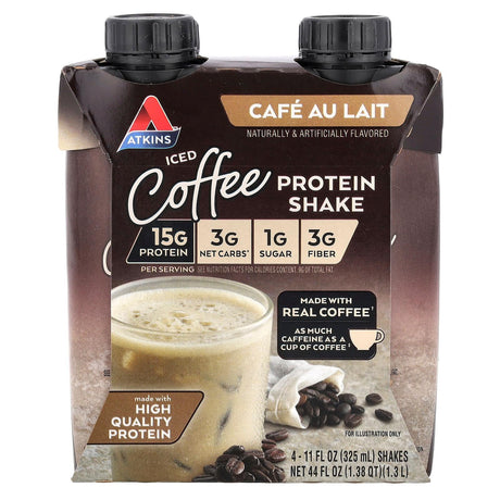 Atkins, Iced Coffee Protein Shake, Cafe Au Lait, 4 Shakes, 11 fl oz (325 ml) Each - Supply Center USA