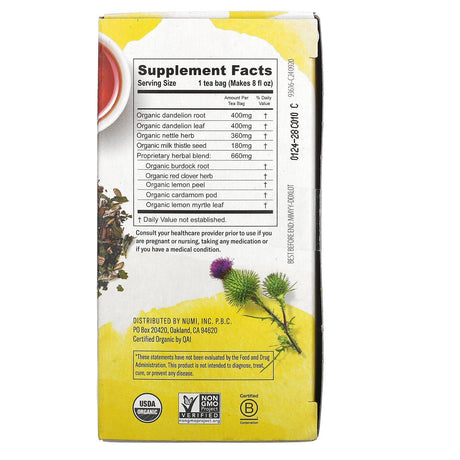 Numi Tea, Organic, Dandelion Detox, Caffeine Free, 16 Non-GMO Tea Bags, 1.13 oz (32 g) - Supply Center USA