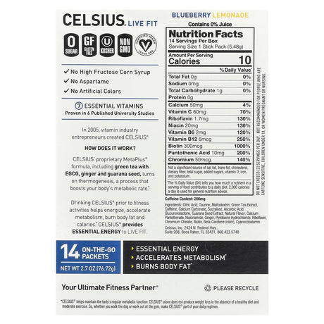 Celsius, Live Fit, Blueberry Lemonade, 14 On-The-Go Packets, 0.19 oz (5.48 g) Each - Supply Center USA