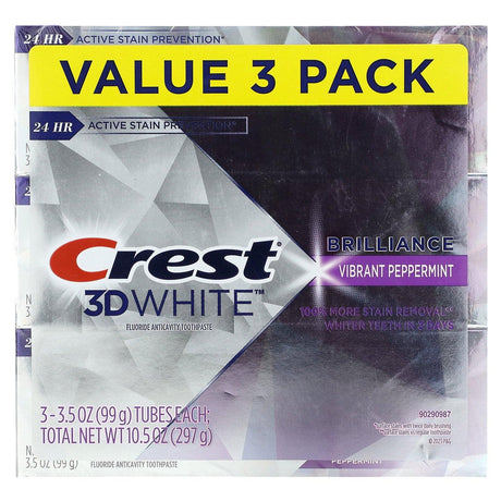 Crest, 3D White, Brilliance, Fluoride Anticavity Toothpaste, Vibrant Peppermint, 3 Pack, 3.5 oz (99 g) Each - Supply Center USA