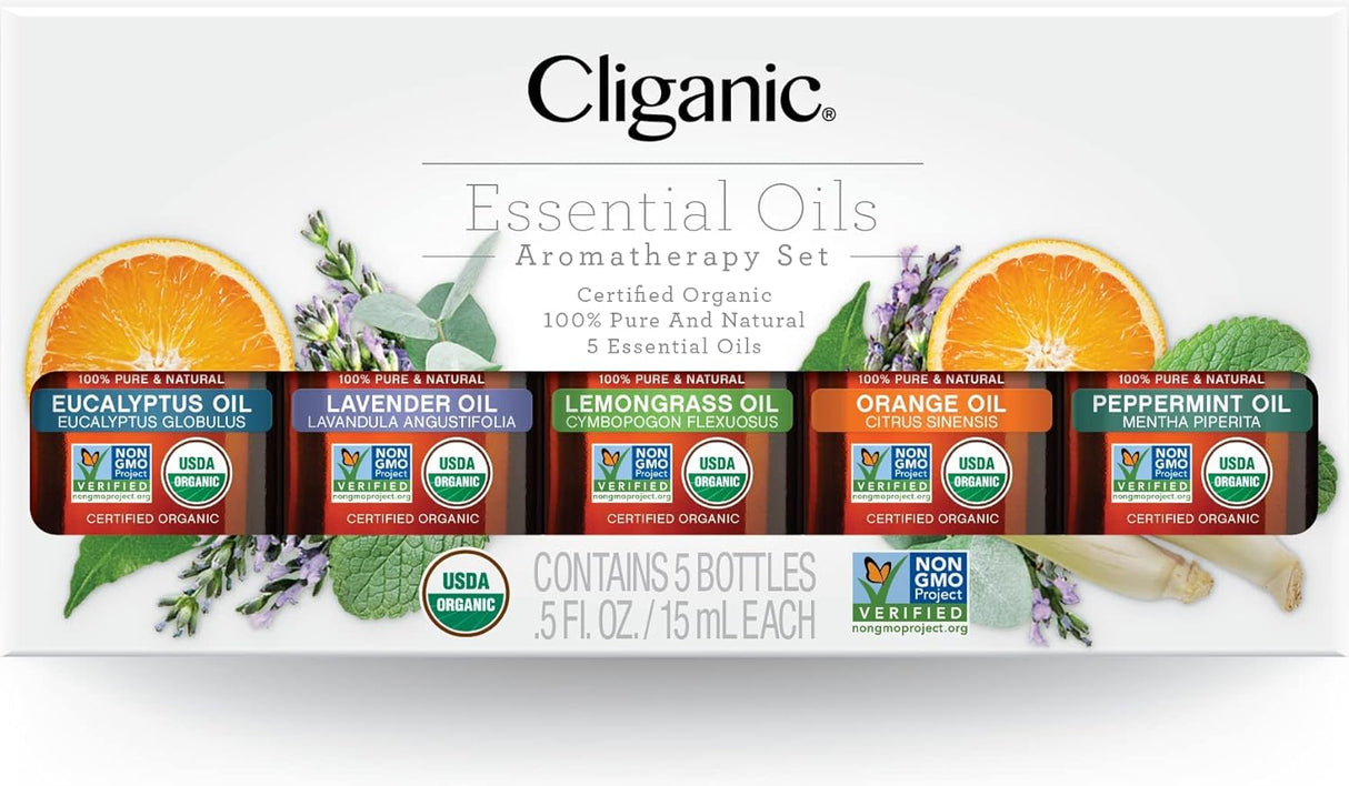 Cliganic Organic Essential Oils Set (Top 5) - 100% Pure Natural - Aromatherapy, Candle Making - Peppermint, Lavender, Eucalyptus, Lemongrass & Orange (Packaging May Vary)