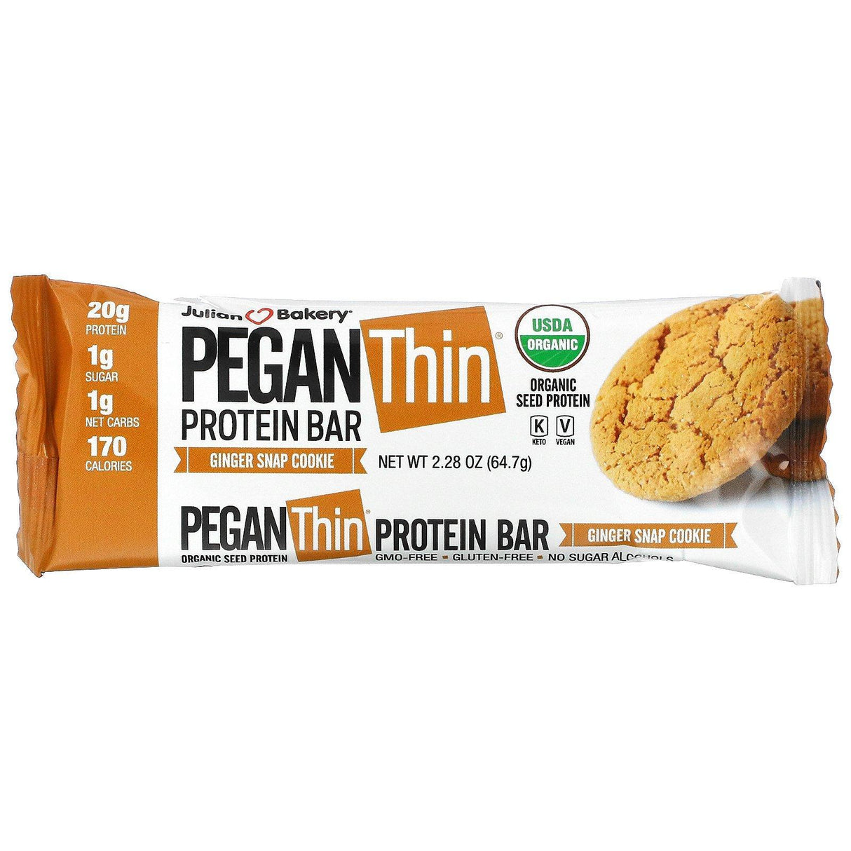 Julian Bakery, Pegan Thin Protein Bar, Ginger Snap Cookie, 12 Bars, 2.28 oz (64.7 g) Each - Supply Center USA