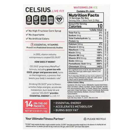 Celsius, Live Fit, Watermelon Ice, 14 On-The-Go-Packets, 0.18 oz (5.08 g) Each - Supply Center USA