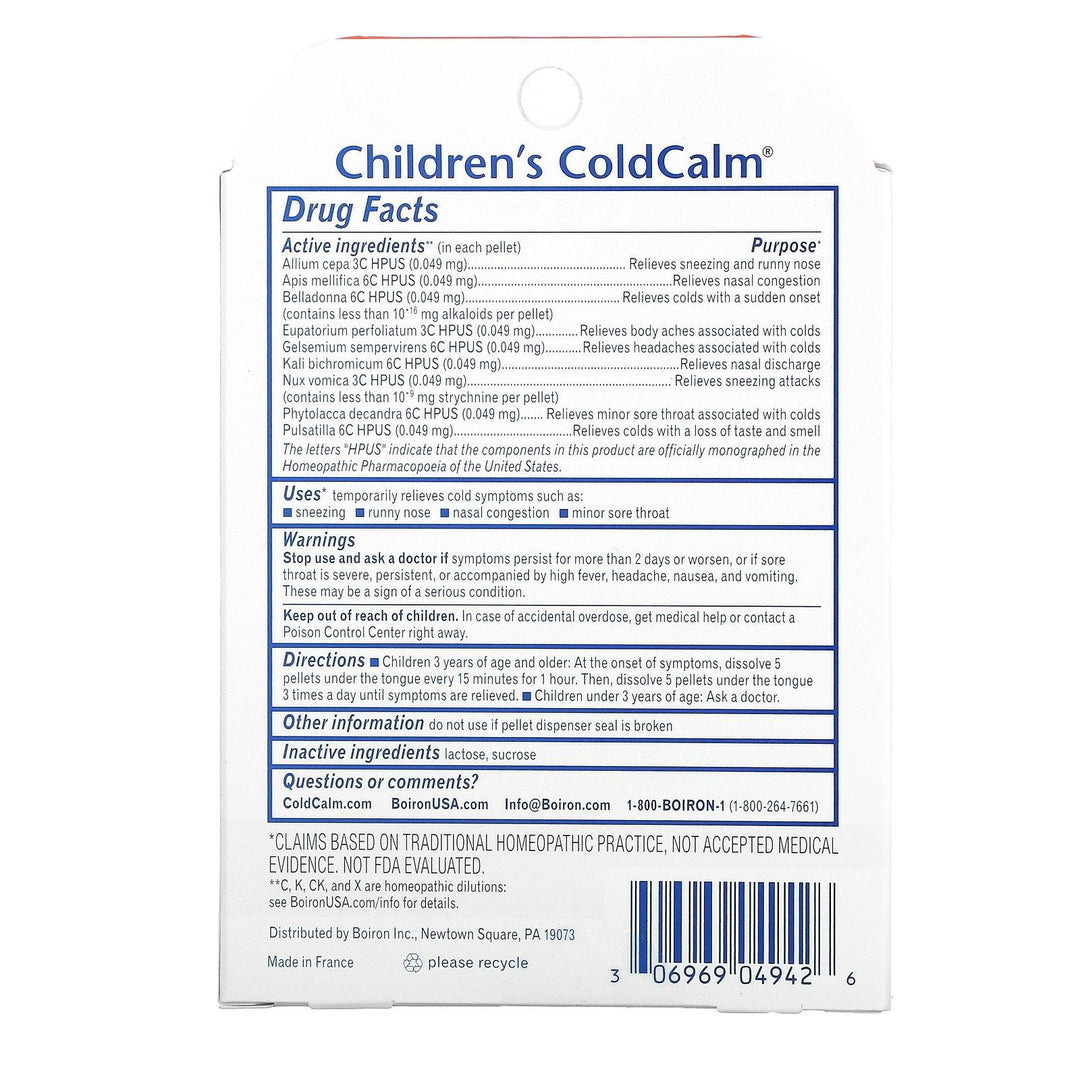 Boiron, Coldcalm, Children's Cold Relief, 3+ and Older, 2 Tubes, Approx. 80 Quick Dissolving Pellets Each - HealthCentralUSA