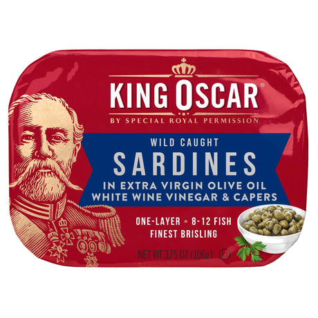 King Oscar, Wild Caught, Sardines In Extra Virgin Olive Oil, White Wine Vinegar & Capers, 3.75 oz (106 g) - Supply Center USA