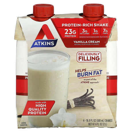 Atkins, Protein Rich Shake, Vanilla Cream, 4 Shakes, 16.9 fl oz (500 ml) Each - Supply Center USA