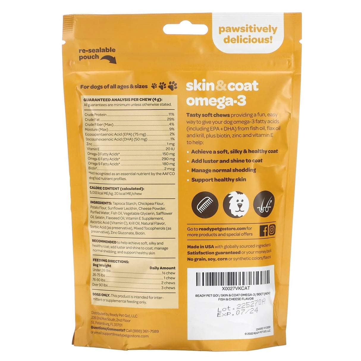 Ready Pet Go, Skin & Coat Omega-3, For Dogs, All Ages, Fish & Cheese, 90 Soft Chews, 12.7 oz (360 g) - Supply Center USA