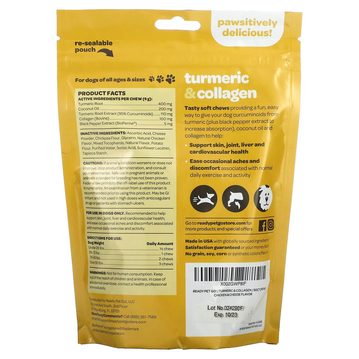 Ready Pet Go, Turmeric & Collagen, For Dogs, All Ages, Chicken & Cheese, 90 Soft Chews, 12.7 oz (360 g) - Supply Center USA