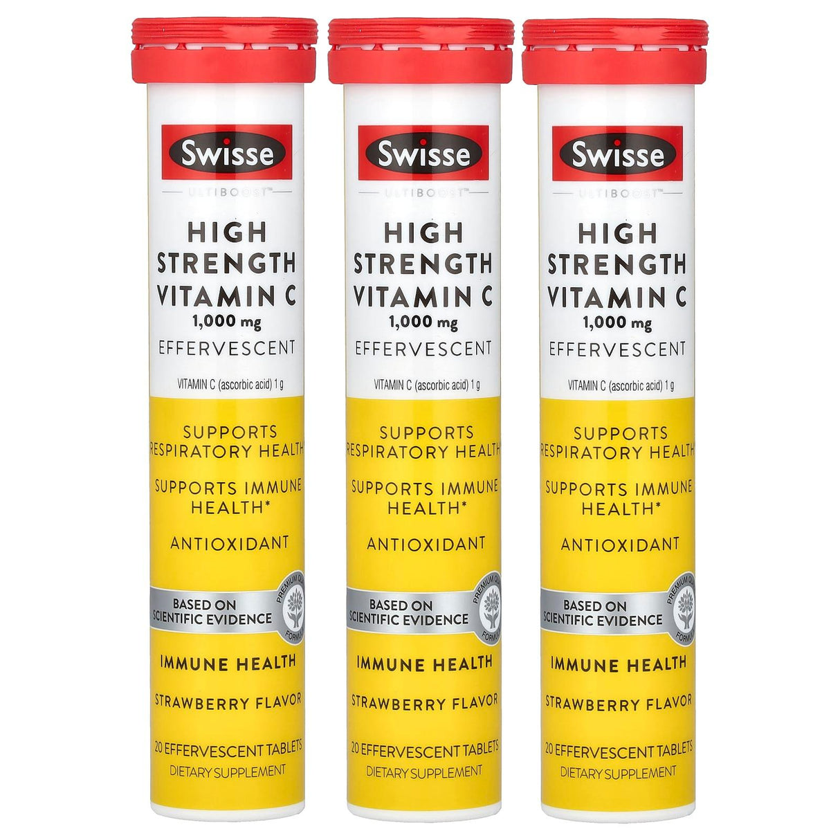 Swisse, Ultiboost™, High Strength Vitamin C, Strawberry, 1,000 mg, 3 Tubes, 20 Effervescent Tablets Each - Supply Center USA