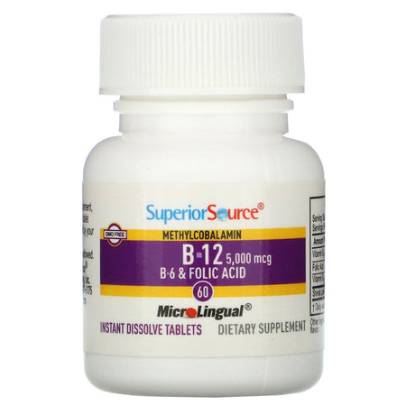 Superior Source, No Shot, Methylcobalamin B-12, B-6 & Folic Acid, 5,000 mcg/800 mcg, 60 MicroLingual Instant Dissolve Tablets - Supply Center USA