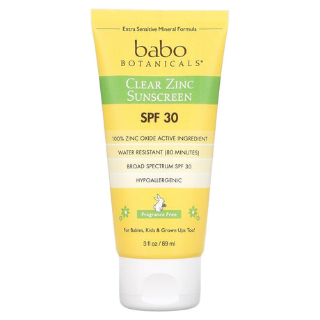 Babo Botanicals, Clear Zinc Sunscreen, Extra Sensitive Skin, SPF 30, Fragrance Free, 3 fl oz (89 ml) - Supply Center USA