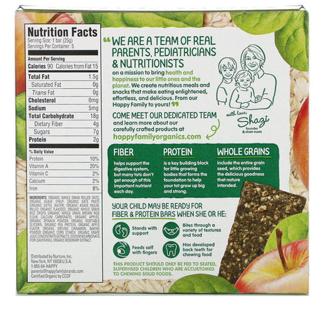 Happy Family Organics, Happytot, Fiber & Protein Soft-Baked Oat Bar, Organic Apples & Spinach, 5 Bars, 0.88 oz (25 g) Each - Supply Center USA