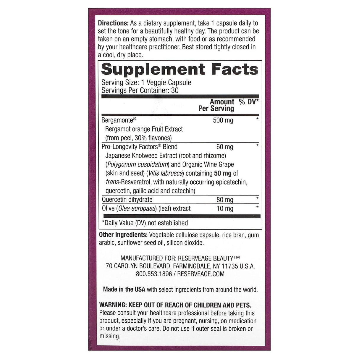 Reserveage Nutrition, Bergamot Cholesterol Support, 30 Veggie Capsules - Supply Center USA