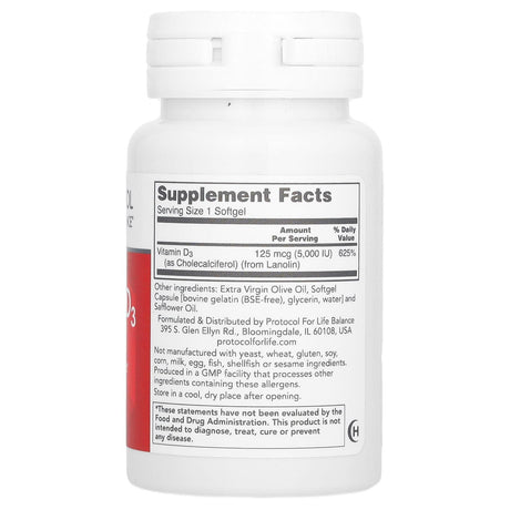 Protocol for Life Balance, Vitamin D3, High Potency, 5,000 IU, 30 Softgels - Supply Center USA