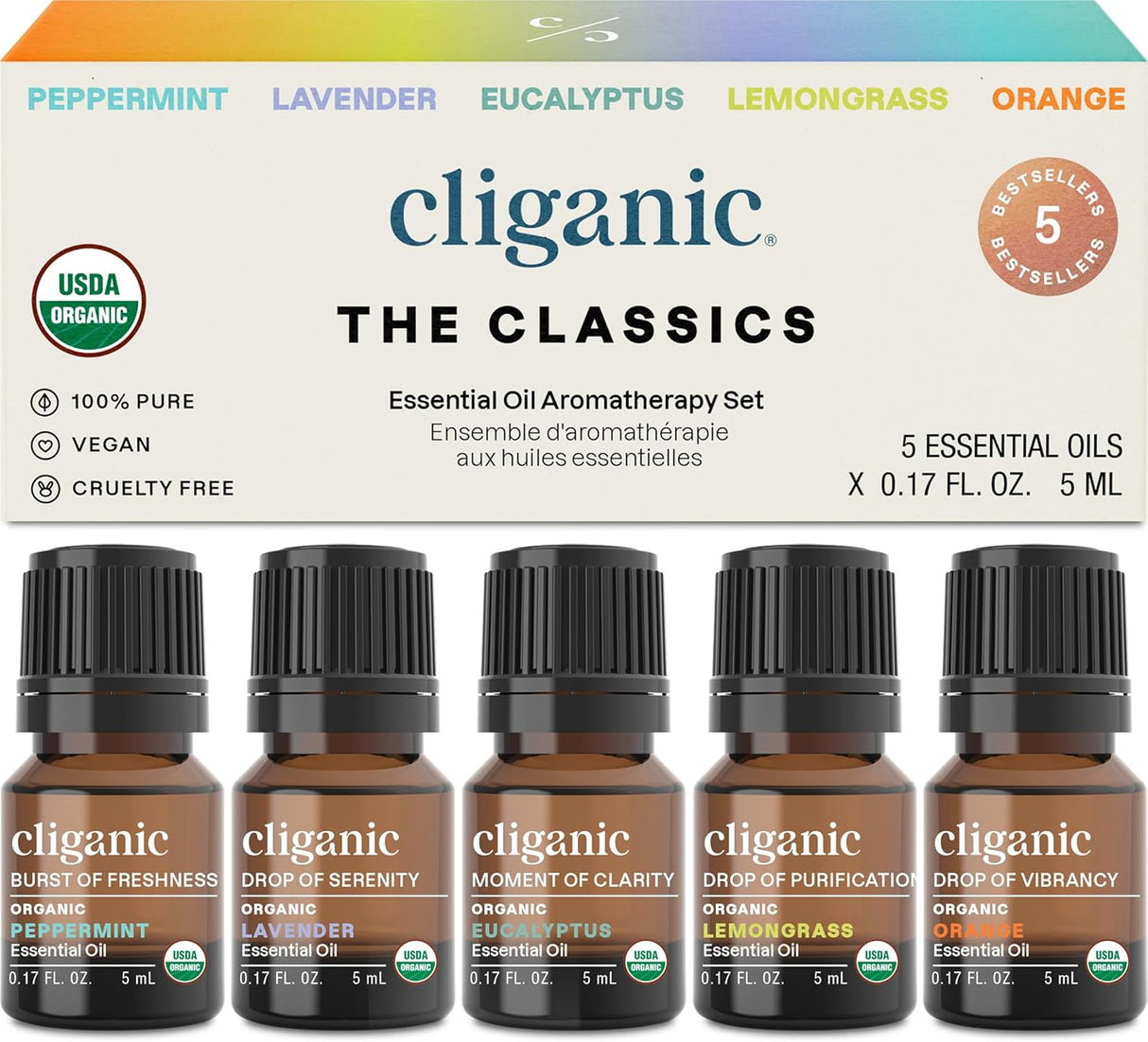 Cliganic Organic Essential Oils Set (Top 5) - 100% Pure Natural - Aromatherapy, Candle Making - Peppermint, Lavender, Eucalyptus, Lemongrass & Orange (Packaging May Vary)