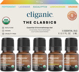 Cliganic Organic Essential Oils Set (Top 5) - 100% Pure Natural - Aromatherapy, Candle Making - Peppermint, Lavender, Eucalyptus, Lemongrass & Orange (Packaging May Vary)