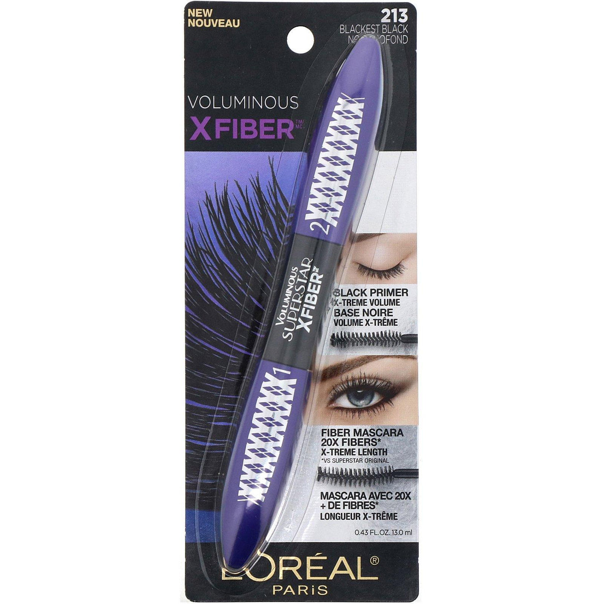 L'Oreal, Voluminous X Fiber Mascara, 213 Blackest Black, 0.43 fl oz (13 ml) - Supply Center USA