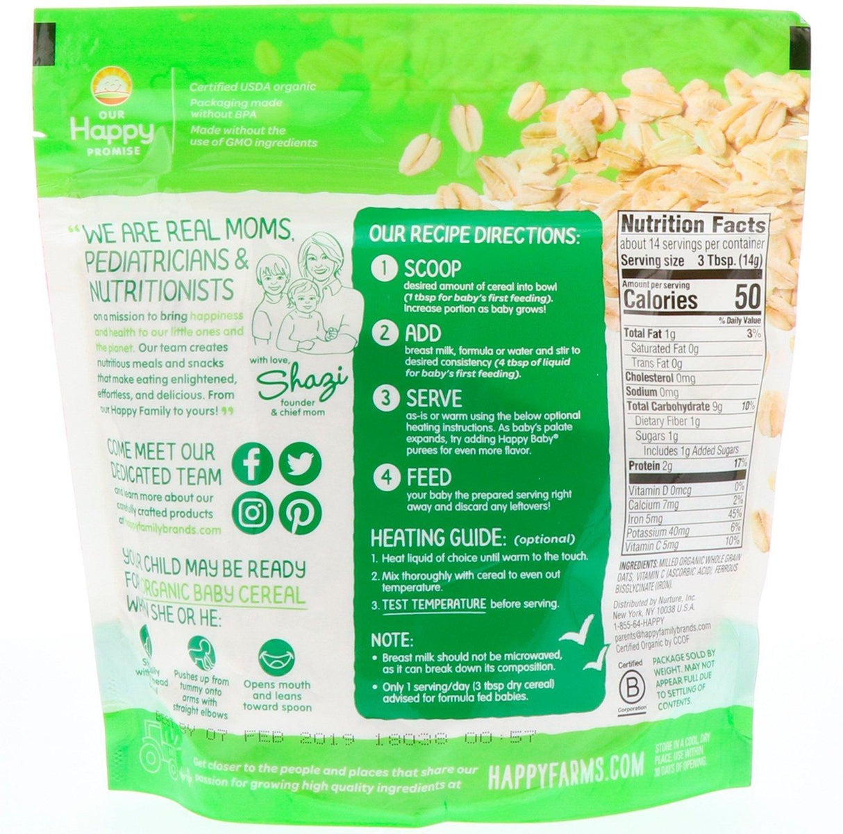 Happy Family Organics, Clearly Crafted, Oatmeal Baby Cereal, 7 oz (198 g) - Supply Center USA