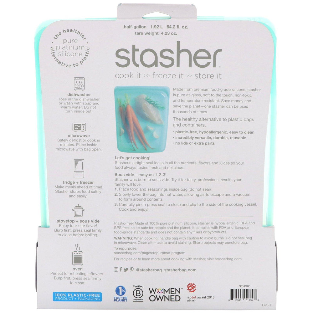 Stasher, Reusable Silicone Food Bag, Half Gallon Bag, Aqua, 64.2 fl oz (1.92 l) - HealthCentralUSA