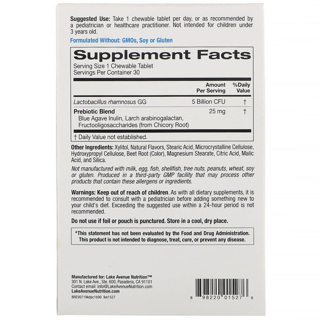 Lake Avenue Nutrition, Kids Daily Probiotic Chewable, Natural Berry Flavor, 5 Billion CFU, 30 Chewable Tablets - Supply Center USA