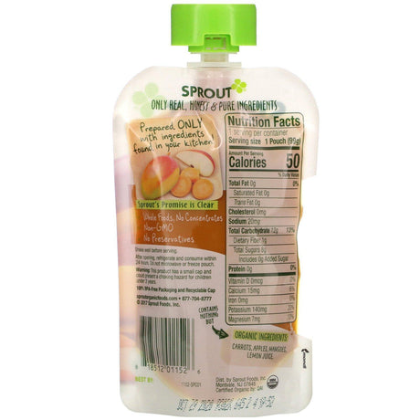 Sprout Organic, Baby Food, 6 Months & Up, Carrot Apple Mango, 3.5 oz (99 g) - Supply Center USA