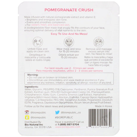 BioRepublic Skincare, Pomegranate Crush, Illuminating Fiber Beauty Sheet Mask, 1 Sheet, 0.63 oz (18 ml) - Supply Center USA