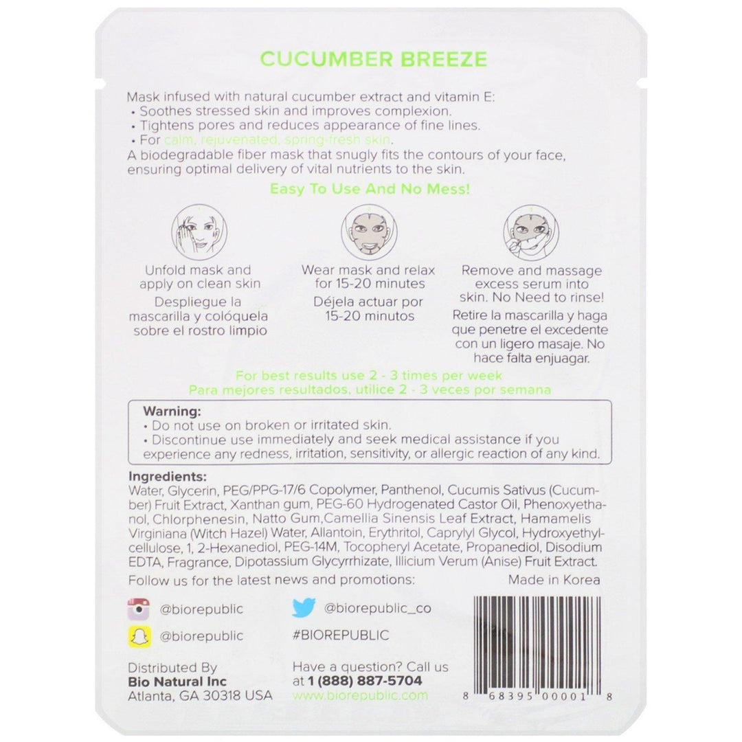 BioRepublic Skincare, Cucumber Breeze, Soothing Fiber Beauty Sheet Mask, 1 Sheet, 0.63 oz (18 ml) - HealthCentralUSA