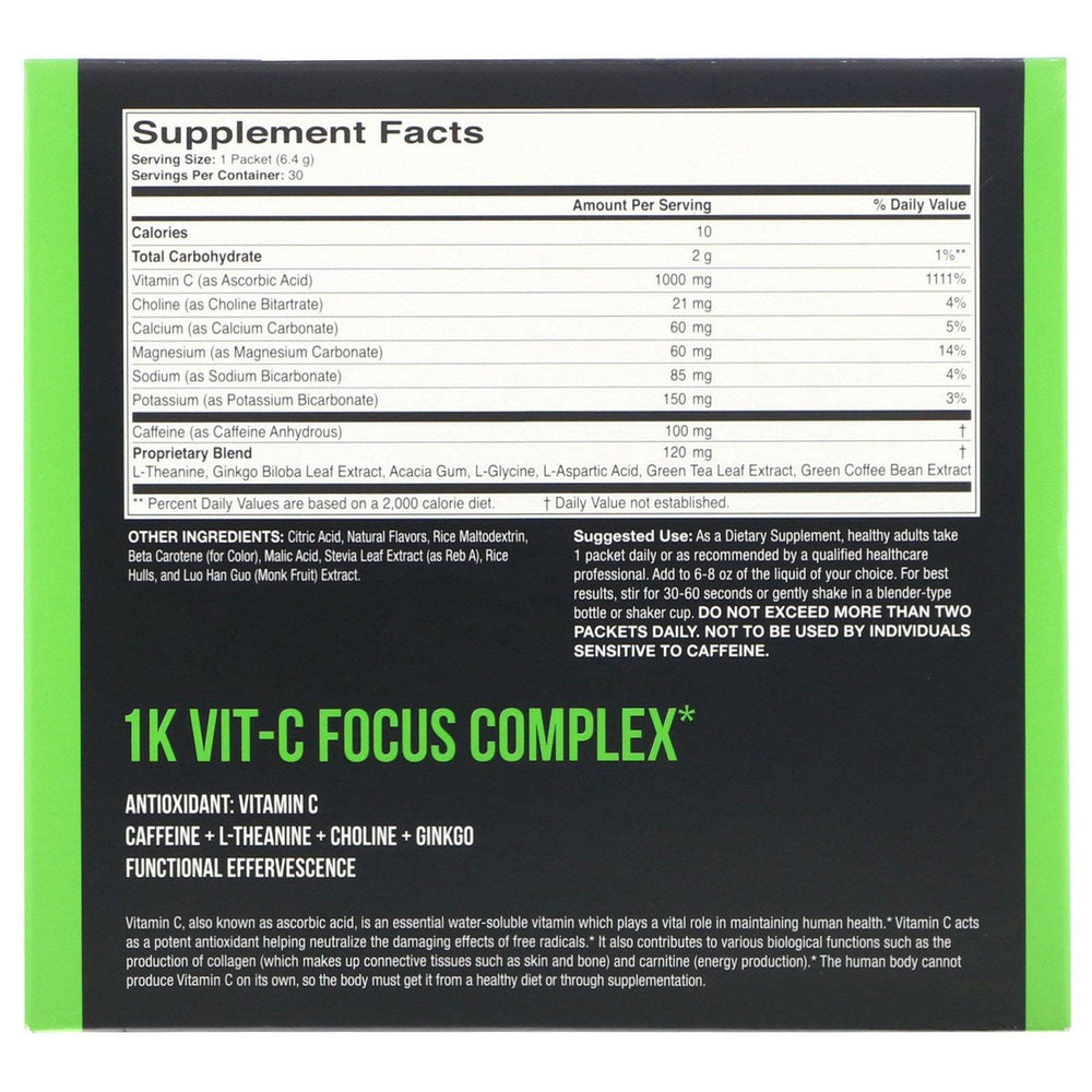 1Kvit-C, Vitamin C, Focus, Effervescent Drink Mix, Natural Orange Flavor, 1,000 mg, 30 packets. 0.23 oz (6.40 g) Each - HealthCentralUSA