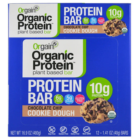 Orgain, Organic Plant-Based Protein Bar, Chocolate Chip Cookie Dough, 12 Bars, 1.41 oz (40 g) Each - Supply Center USA